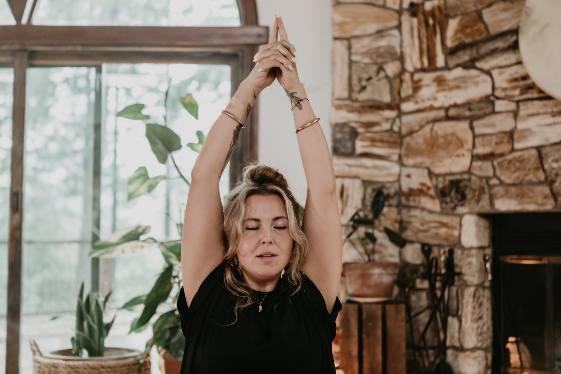 Stretching at home during the virtual retreat