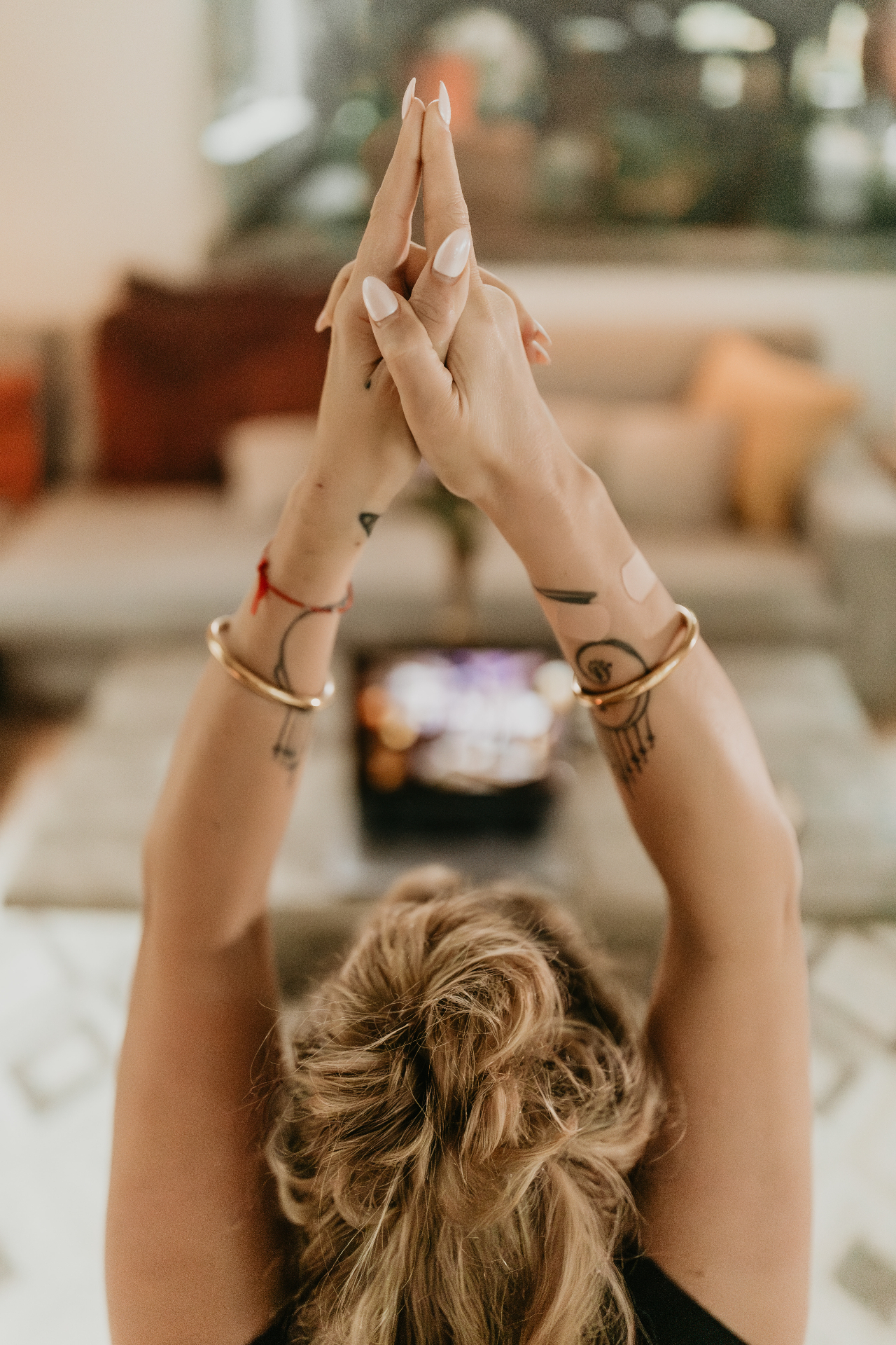 Prayer hands during at-home practice